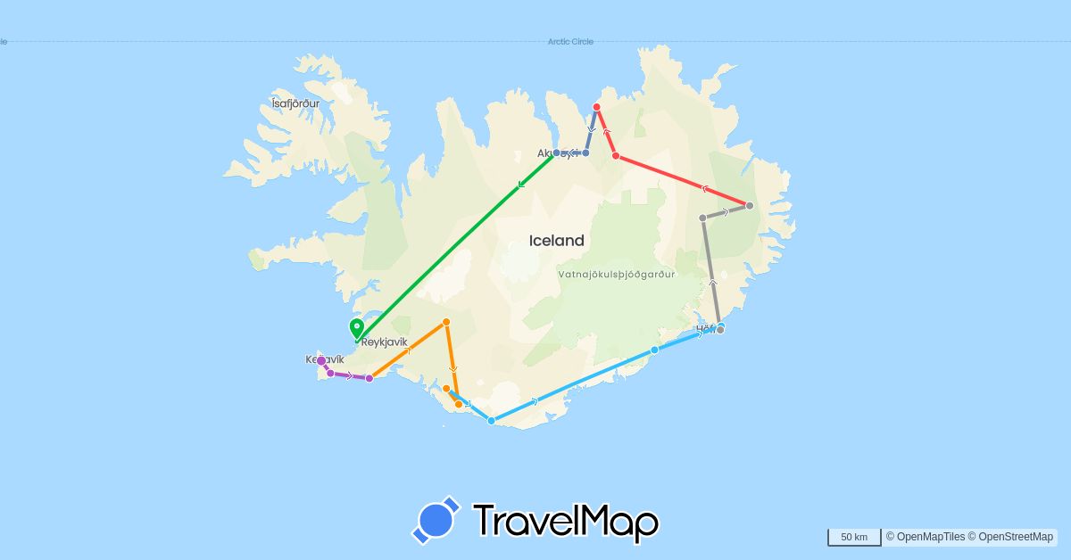 TravelMap itinerary: driving, bus, plane, cycling, train, hiking, boat, hitchhiking in Iceland (Europe)